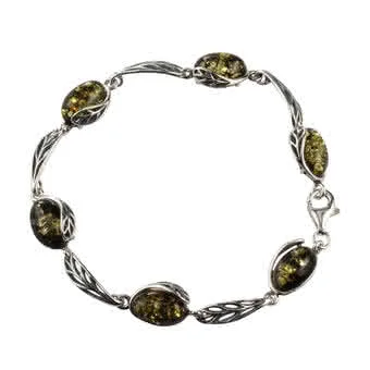 Green Baltic Amber Leaf Edged Silver Bracelet