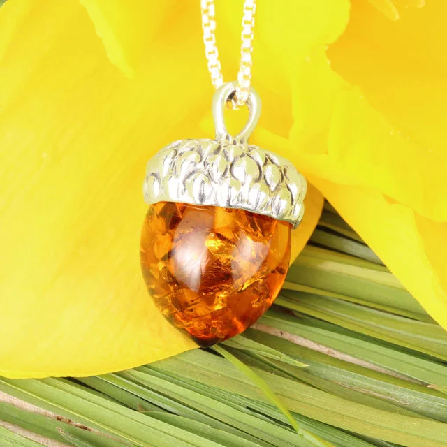 Honey Baltic Amber Acorn Sterling Silver Pendant