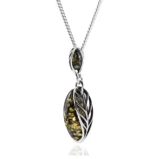 Sterling Silver Green Baltic Amber Leaf Edged Pendant