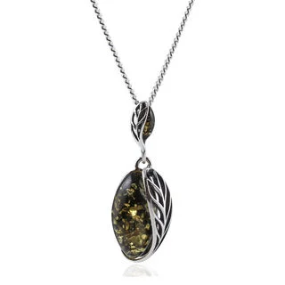 Sterling Silver Leaf Design Green Baltic Amber Pendant