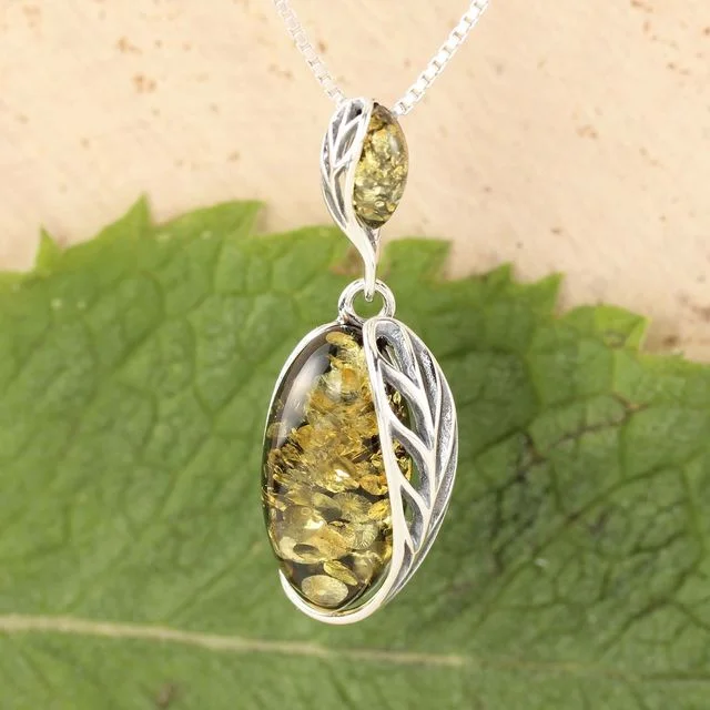 Green Baltic Amber Sterling Silver Leaf Edged Pendant
