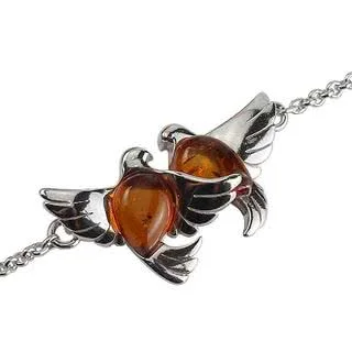 Charming Little Pair of Doves set with Oval Honey Baltic Amber