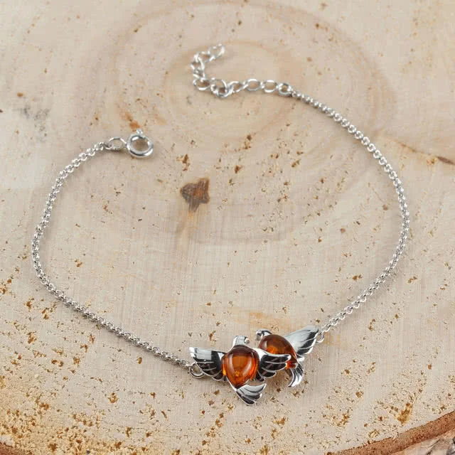 Adjustable Sterling Silver and Amber Doves Bracelet