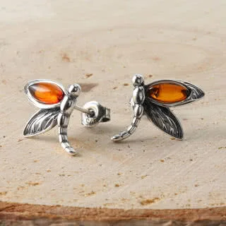 Baltic Amber Dragonfly Stud Earrings