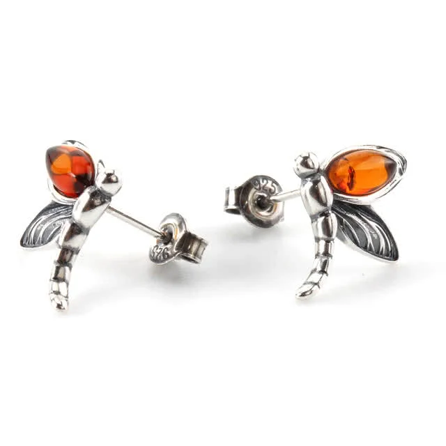 Sterling Silver Oxidised Dragonfly Stud Earrings