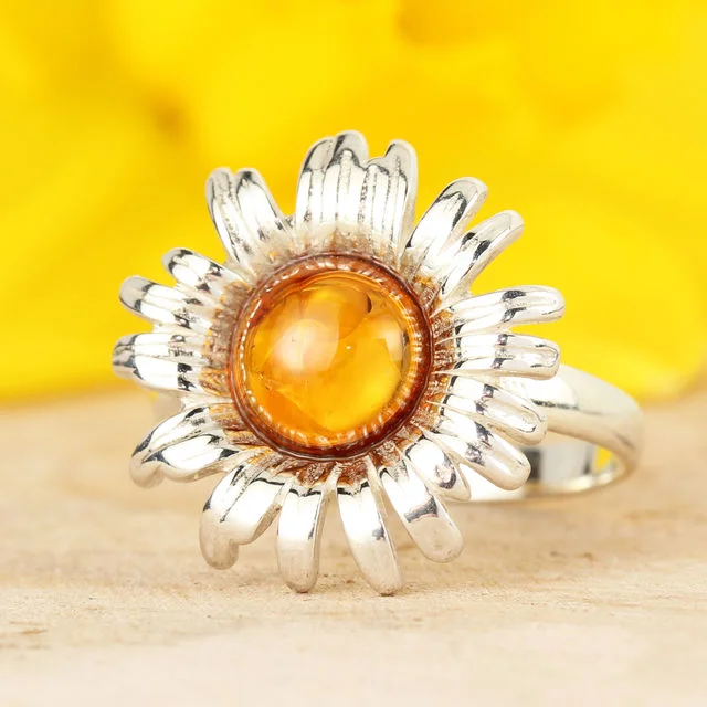 Honey Baltic Amber Sunflower Sterling Silver Ring