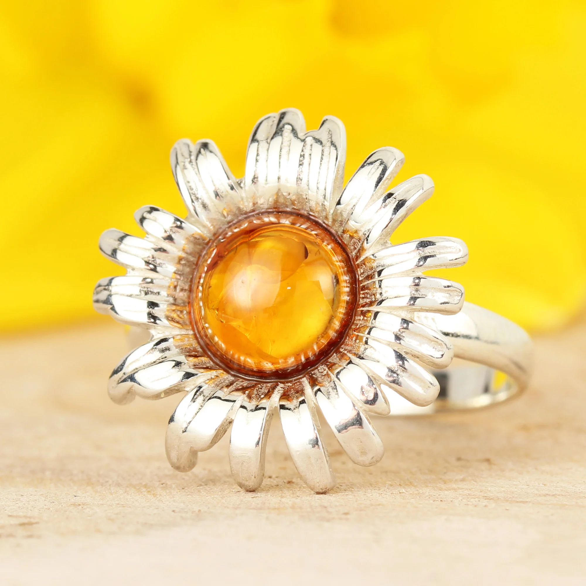 Sterling Silver Sunflower Honey Baltic Amber Silver Ring
