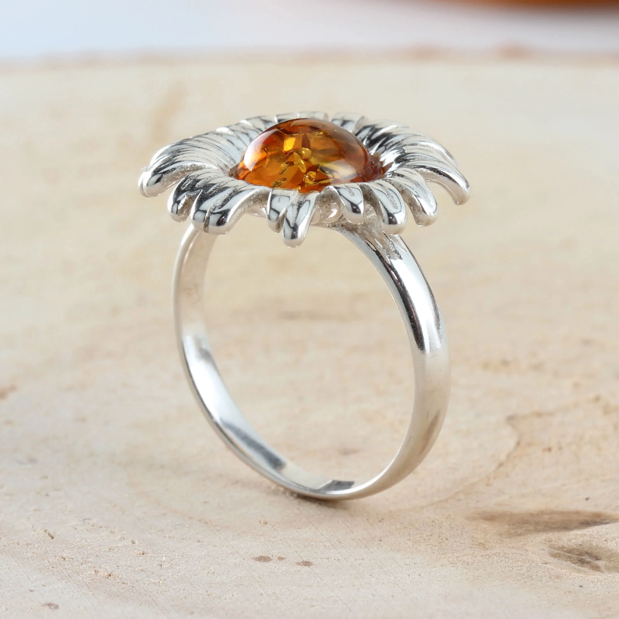 Sterling Silver Honey Baltic Amber Sunflower Ring