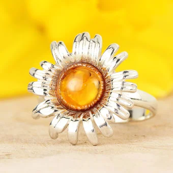 Sterling Silver Honey Baltic Amber Sunflower Ring 