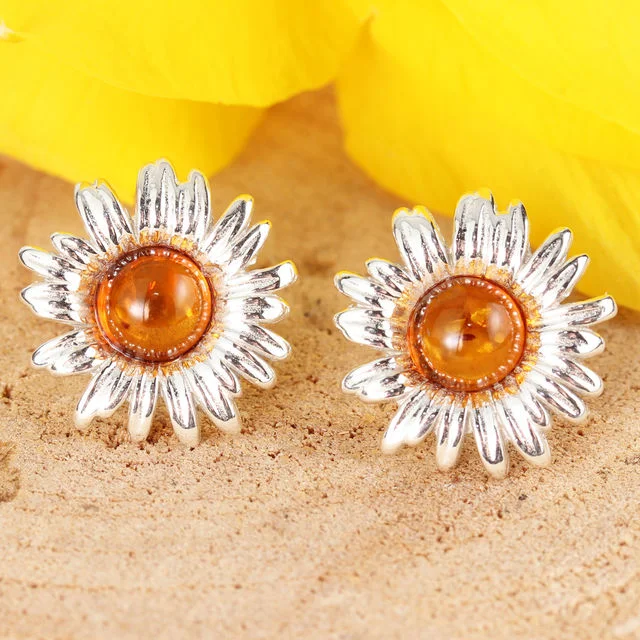 Honey Baltic Amber Sunflower Sterling Silver Stud Earrings
