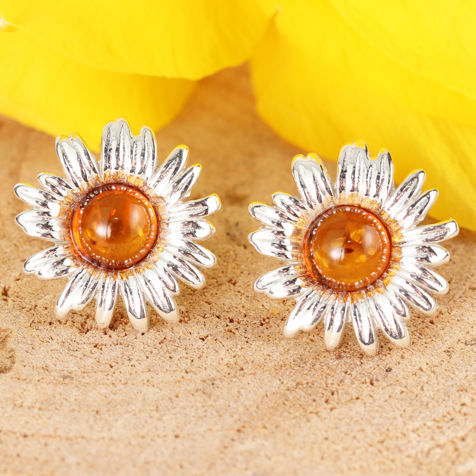 Sterling Silver Honey Baltic Amber Sunflower Earrings