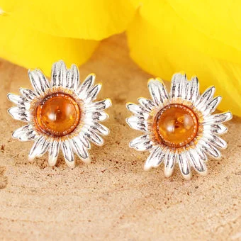 Sterling Silver Honey Baltic Amber Sunflower Earrings