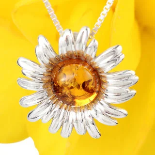 Honey Baltic Amber Sunflower Sterling Silver Pendant