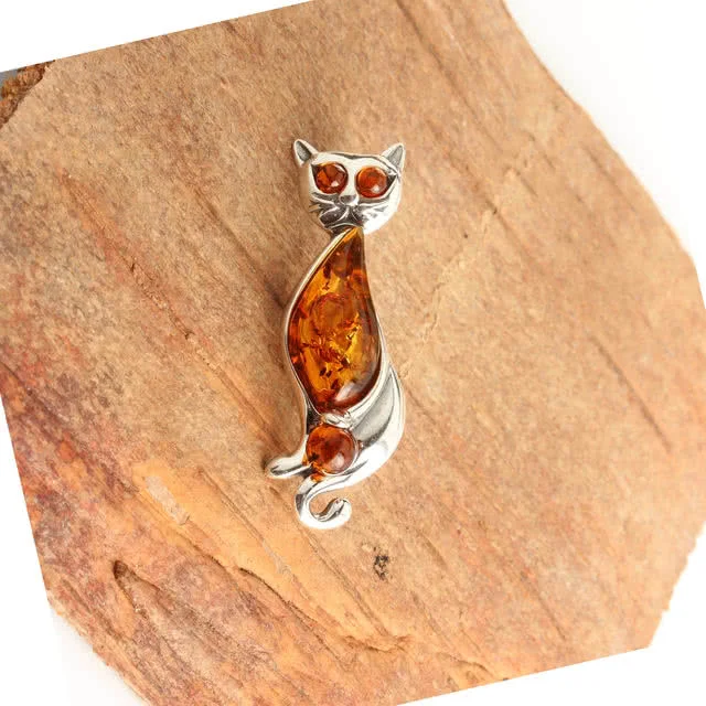 Sterling Silver Honey Baltic Amber Cat Brooch