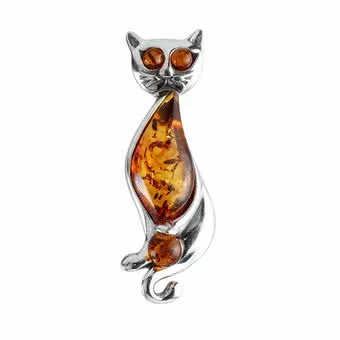 Sterling Silver Honey Baltic Amber Cat with Ball Brooch