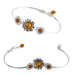Extendable Sterling Silver Sunflower Amber Bangle