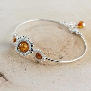 Honey Baltic Amber Sterling Silver Sunflower Bangle