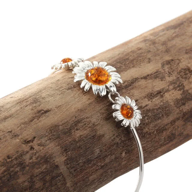 Triple Sunflower Silver Bangle