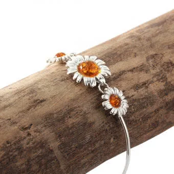 Sterling Silver Honey Baltic Amber Sunflower Bangle