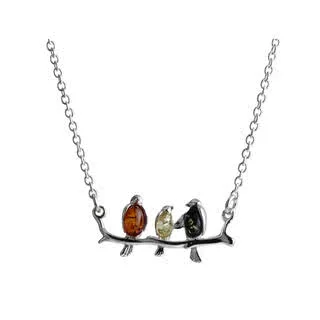 Three Birds On A Branch Sterling Silver And Amber Necklace