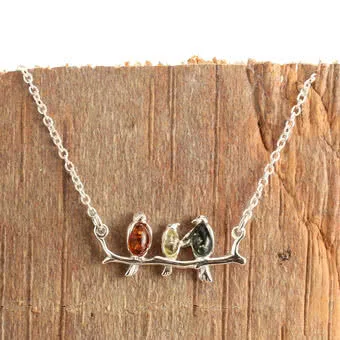 Three Baltic Amber Birds on Branch Sterling Silver Necklace