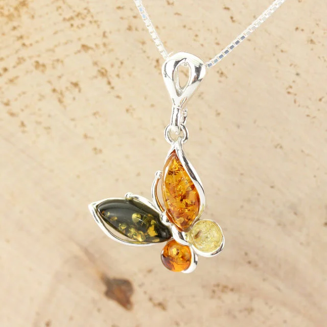 Multicoloured Baltic Amber Sterling Silver Butterfly Pendant