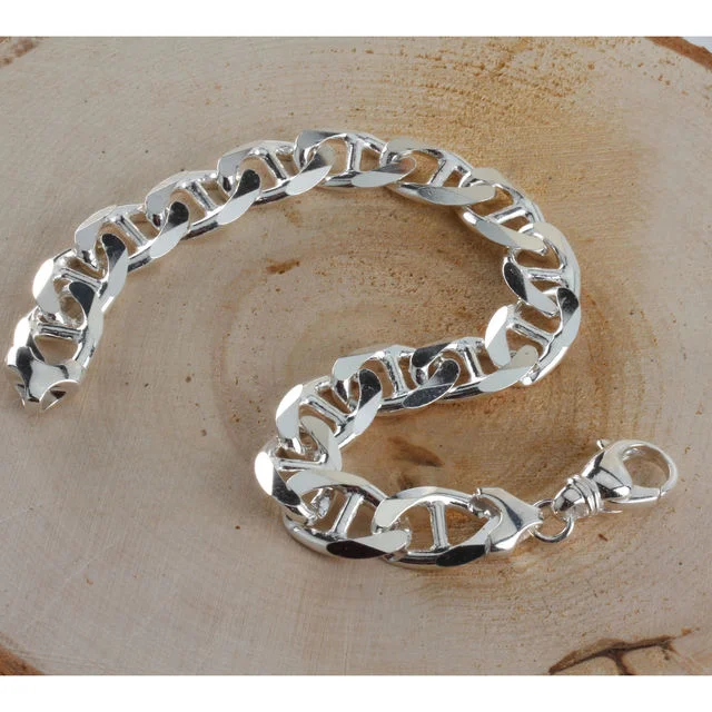 12mm Width Solid Sterling Silver Anchor Curb Bracelet