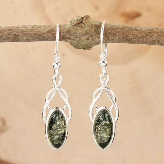 Sterling Silver Green Baltic Amber Celtic Drop Earrings