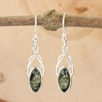 Green Baltic Amber Sterling Silver Celtic Drop Earrings