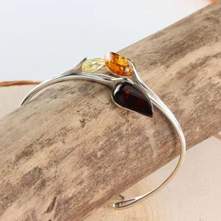 Lemon, Cherry and Honey Baltic Amber Sterling Silver Leaf Bangle