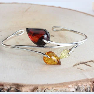 Open Cuff Sterling Silver Triple Set Baltic Amber Bangle