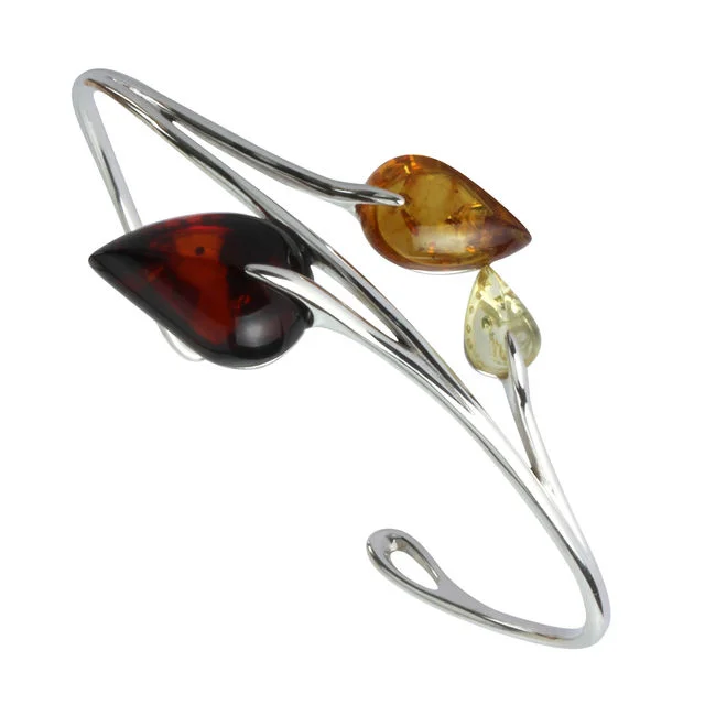 Sterling Silver Triple Coloured Baltic Amber Leaf Bangle