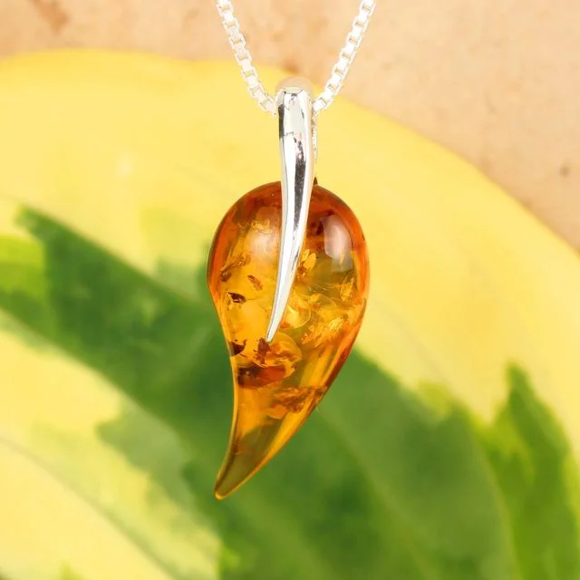 Honey Baltic Amber Sterling Silver Leaf Pendant