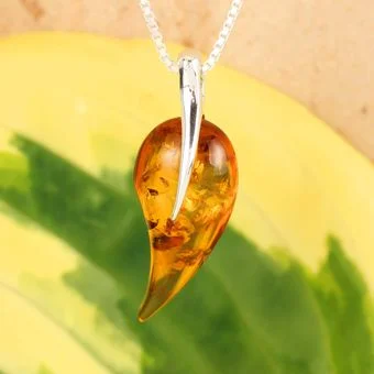 Honey Baltic Amber Sterling Silver Leaf Pendant  Honey Baltic Amber Sterling Silver Leaf Pendant