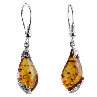 Honey Baltic Amber Drop Earrings with Flower Edged Detail Honey Baltic Amber Drop Earrings with Flower Edged Detail