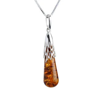Long Cognac Baltic Amber Drop Pendant With Sterling Silver Bail