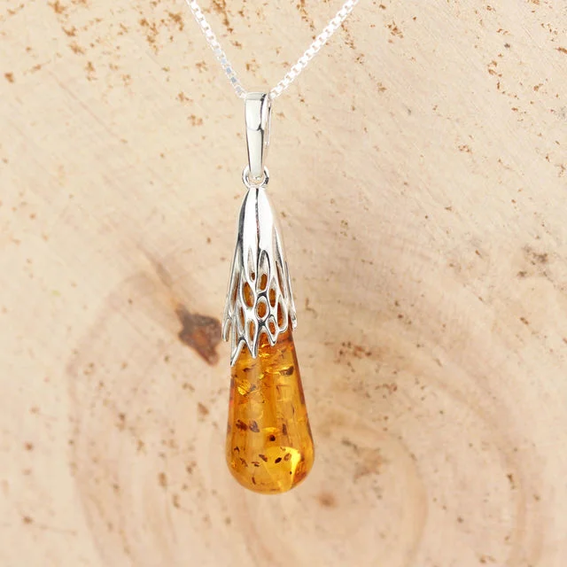 Honey Baltic Amber Elongated Sterling Silver Pendant