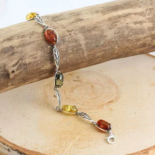 Leaf Edged Design Multicoloured Baltic Amber Bracelet