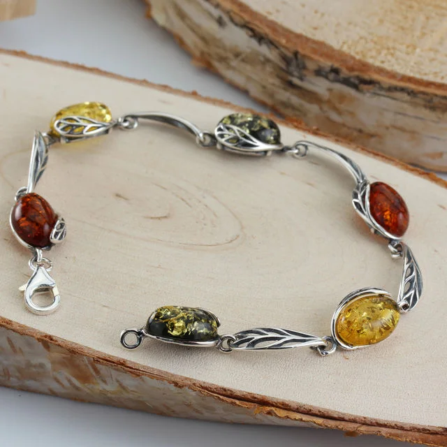 Green, Lemon and Cognac Baltic Amber Sterling Silver Bracelet