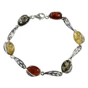 Multicoloured Baltic Amber Sterling Silver Leaf Edged Bracelet Multicoloured Baltic Amber Sterling Silver Leaf Edged Bracelet