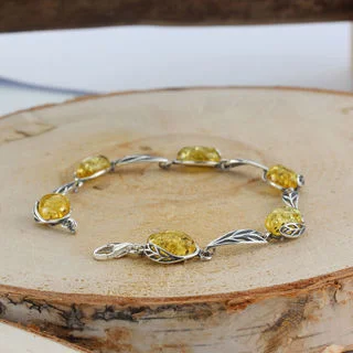 Lemon Baltic Amber Leaf Sterling Silver Bracelet