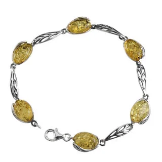 Lemon Oval Baltic Amber Set Into Sterling Silver Leaf Bracelet