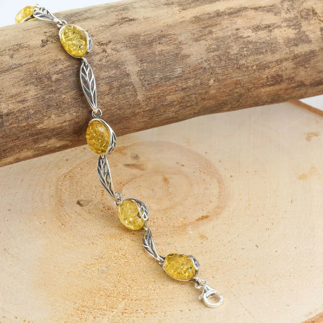 Sterling Silver Lemon Baltic Amber Leaf Design Bracelet