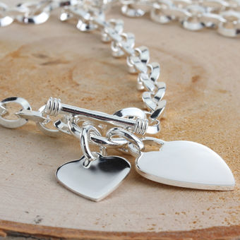 Double Heart Oval Link T-Bar Necklace