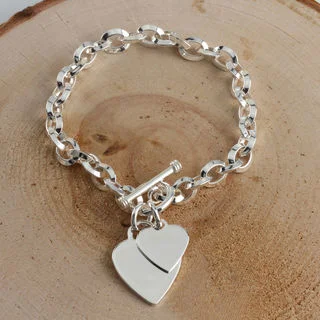 Double Heart Solid Sterling Silver Toggle Bracelet