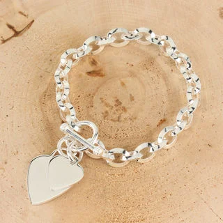 Oval Belcher Sterling Silver Heart Tag T-Bar Bracelet