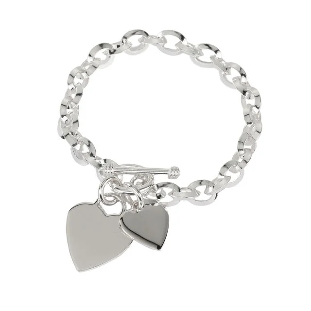 Sterling Silver Strong Double Heart Tag T-Bar Bracelet