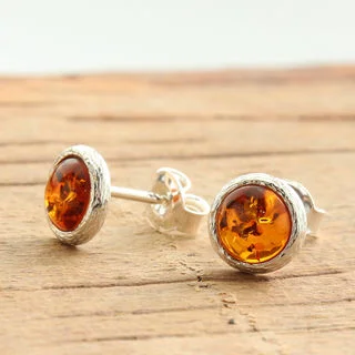 Textured Round Honey Amber Sterling Silver Earrings