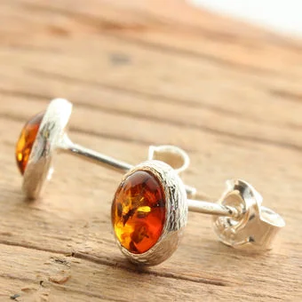 Honey Baltic Amber Sterling Silver Textured Stud Earrings Honey Baltic Amber Sterling Silver Textured Stud Earrings