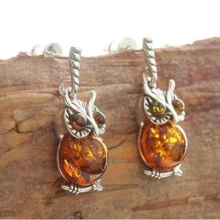 Sterling Silver Amber Owl Drop Earrings